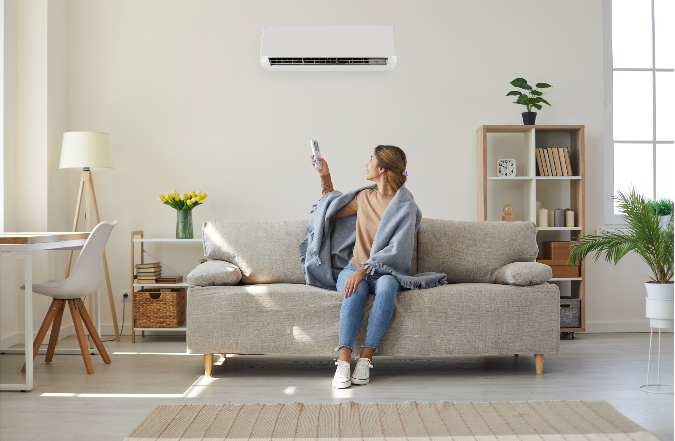 Woman sitting on a couch using an air conditioner in a modern living room.