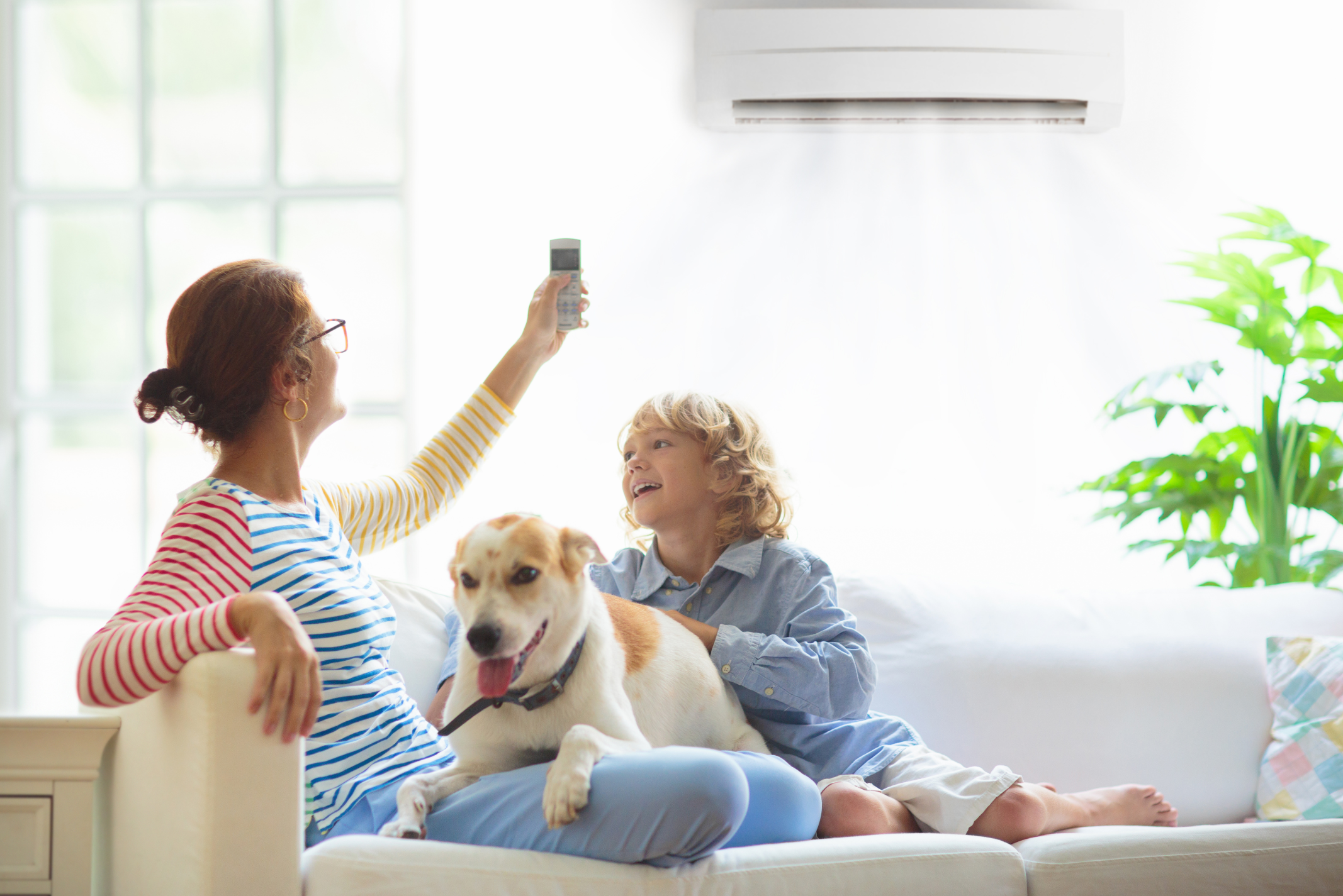 Woman and child with a dog on a couch in a bright living room